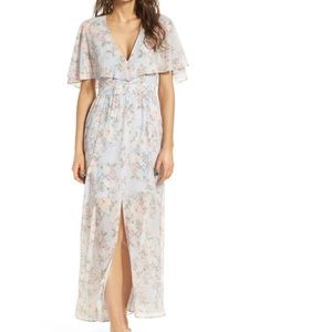 Wayf Sheer Chiffon Light Blue Floral Maxi Dress Size L